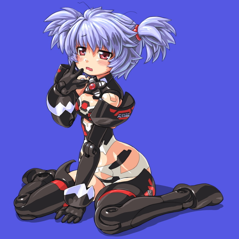 altines bad_id bad_pixiv_id blue_hair blush busou_shinki dd_(ijigendd) doll_joints elbow_gloves gloves hand_to_own_mouth messy_hair open_mouth red_eyes sitting solo thighhighs twintails wariza yawning