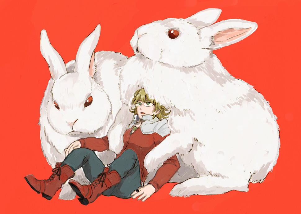 bad_id bad_pixiv_id barnaby_brooks_jr blonde_hair bunny glasses green_eyes jacket jewelry male_focus matsuri6373 namesake necklace red_jacket simple_background sitting solo tiger_&amp;_bunny