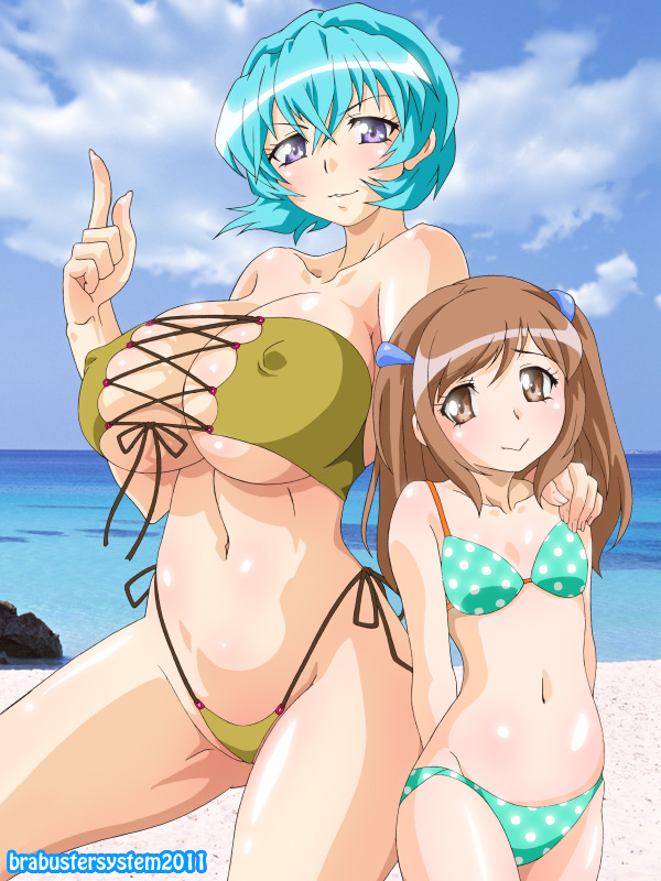 age_difference bare_shoulders beach bikini blue_hair breasts brown_eyes brown_hair bursting_breasts cloud collarbone covered_nipples day flat_chest hand_on_shoulder height_difference huge_breasts magutan multiple_girls navel outdoors polka_dot polka_dot_bikini polka_dot_swimsuit purple_eyes side-tie_bikini smile swimsuit water