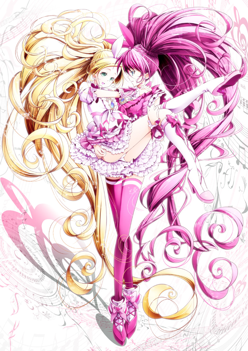 bad_id bad_pixiv_id beamed_eighth_notes blonde_hair blue_eyes boots bow braid brooch carrying choker crossed_legs cure_melody cure_rhythm eighth_note frills full_body g-clef_(suite_precure) green_eyes hair_ribbon hamuhamu houjou_hibiki jewelry knee_boots long_hair magical_girl minamino_kanade multiple_girls musical_note panties pantyshot pink_bow pink_hair pink_legwear precure princess_carry quarter_note ribbon shoes smile standing suite_precure textless thighhighs underwear very_long_hair watson_cross white_panties wrist_cuffs