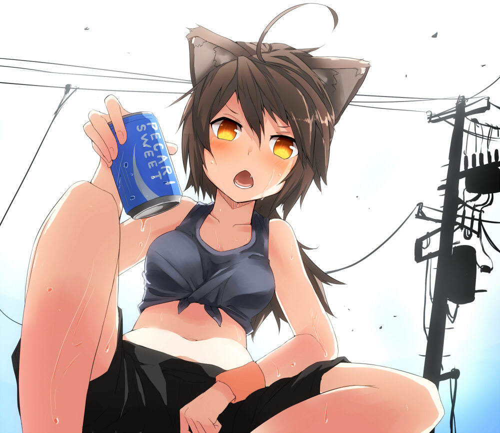 ahoge animal_ears bare_shoulders blush brand_name_imitation brown_hair can cat_ears chestnut_mouth collarbone fang from_below hot long_hair midriff navel open_mouth original pocari_sweat ponytail power_lines shorts solo squatting sweat tank_top telephone_pole transformer wk_(low-f) wristband yellow_eyes