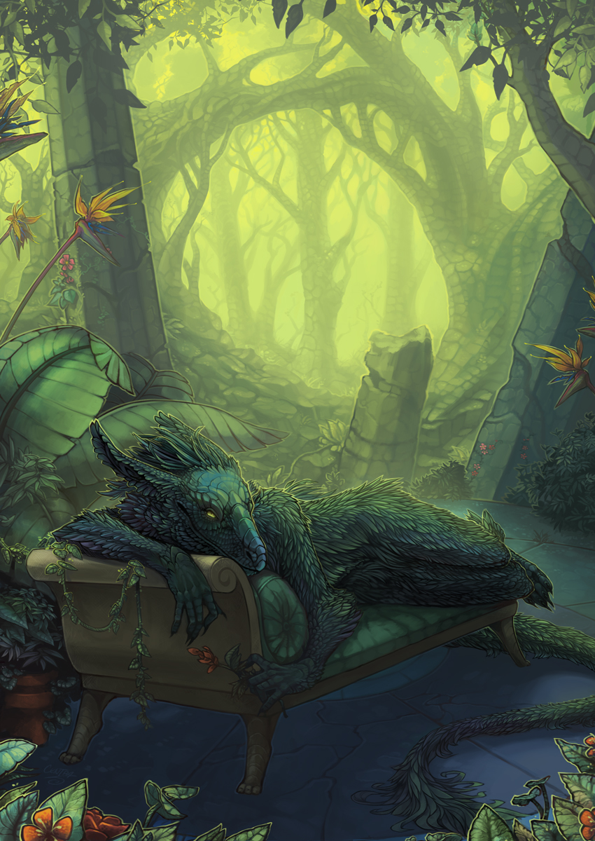 ambiguous_gender anthro centradragon chair claws detailed_background dragon feathers flower forest green_eyes green_theme leaves looking_at_viewer lying male nature outside ruins scalie scenery setheus smile sofa solo tree wood