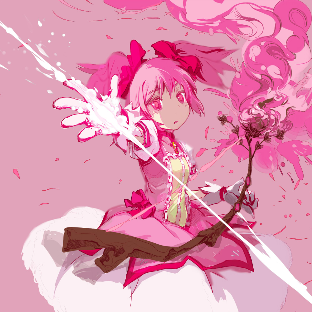 arrow bad_id bad_pixiv_id bow bow_(weapon) bubble_skirt choker gloves hair_bow kaname_madoka kasu magical_girl mahou_shoujo_madoka_magica pink pink_background pink_eyes pink_hair puffy_sleeves short_twintails skirt solo twintails weapon white_gloves