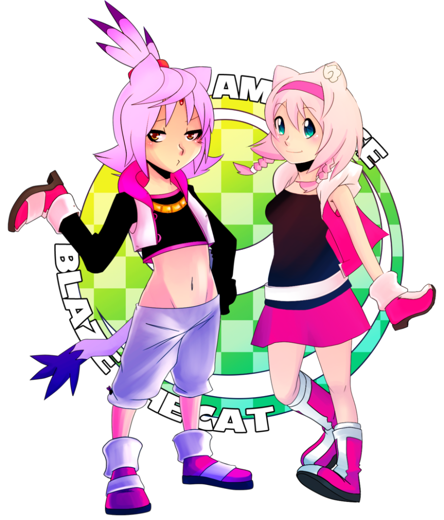 amy_rose blaze_the_cat blue_eyes blush boots elksign05 female hair human humanized mammal midriff navel necklace pink_hair ponytail sega shoes shoes_on_hands skirt sonic_(series) tail what