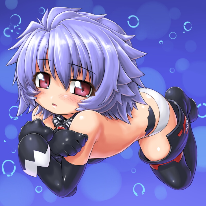 altines bad_id bad_pixiv_id blue_hair blush bubble busou_shinki choker covering covering_breasts crossed_arms dd_(ijigendd) elbow_gloves flat_chest gloves open_mouth red_eyes solo thighhighs topless