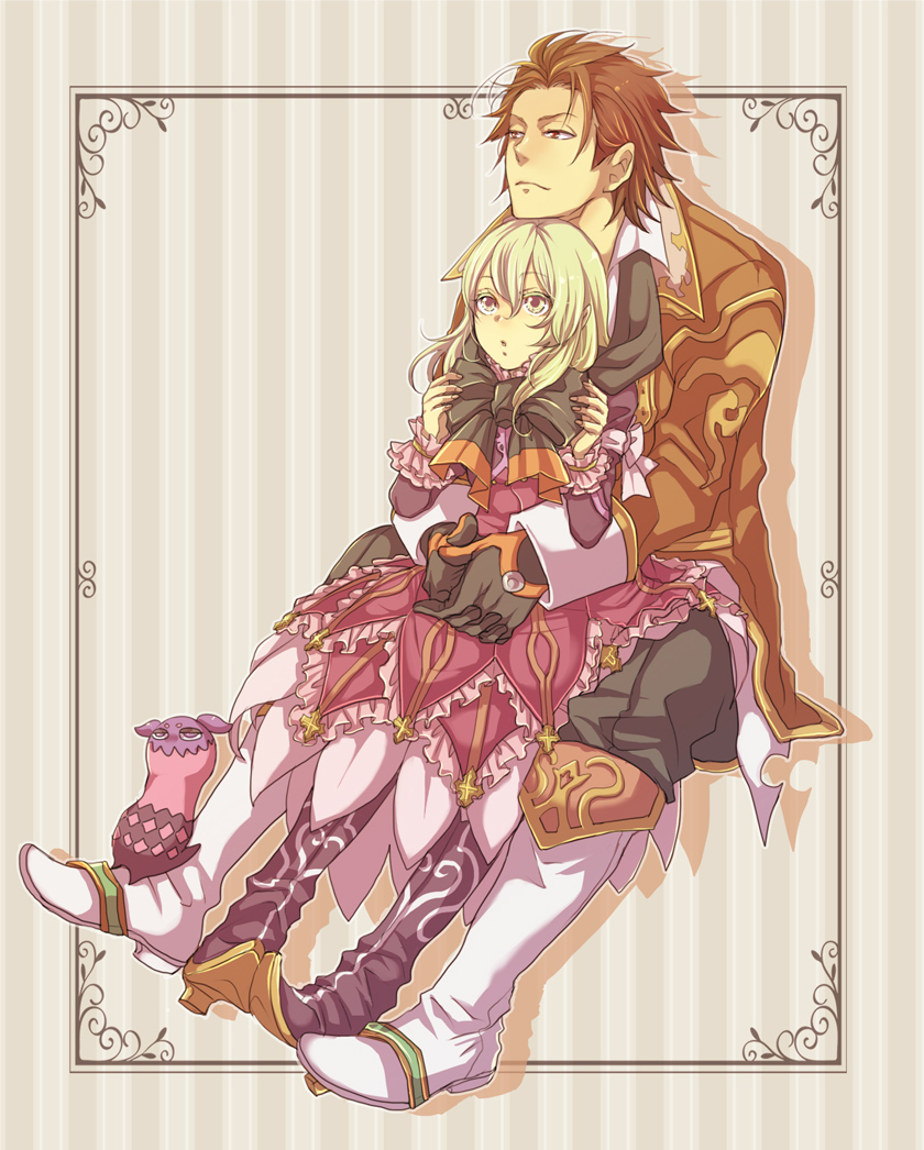 1girl 9wa alvin_(tales) blonde_hair boots brown_eyes brown_hair creature doll elize_lutus gloves height_difference knee_boots purple_footwear sepia_background striped striped_background tales_of_(series) tales_of_xillia teepo_(tales)
