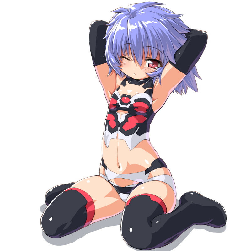 alternate_hairstyle altines armpits arms_behind_head arms_up blue_hair busou_shinki dd_(ijigendd) elbow_gloves flat_chest gloves navel one_eye_closed red_eyes sitting solo thighhighs wariza