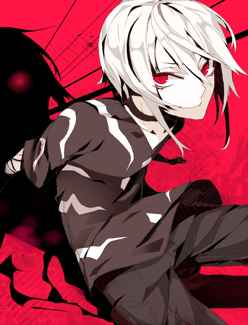 accelerator albino arms_behind_back bad_id bad_pixiv_id choker flower hachizowo highres looking_at_viewer male_focus pants red_eyes shirt sidelocks silhouette sitting solo spider_lily to_aru_majutsu_no_index white_hair
