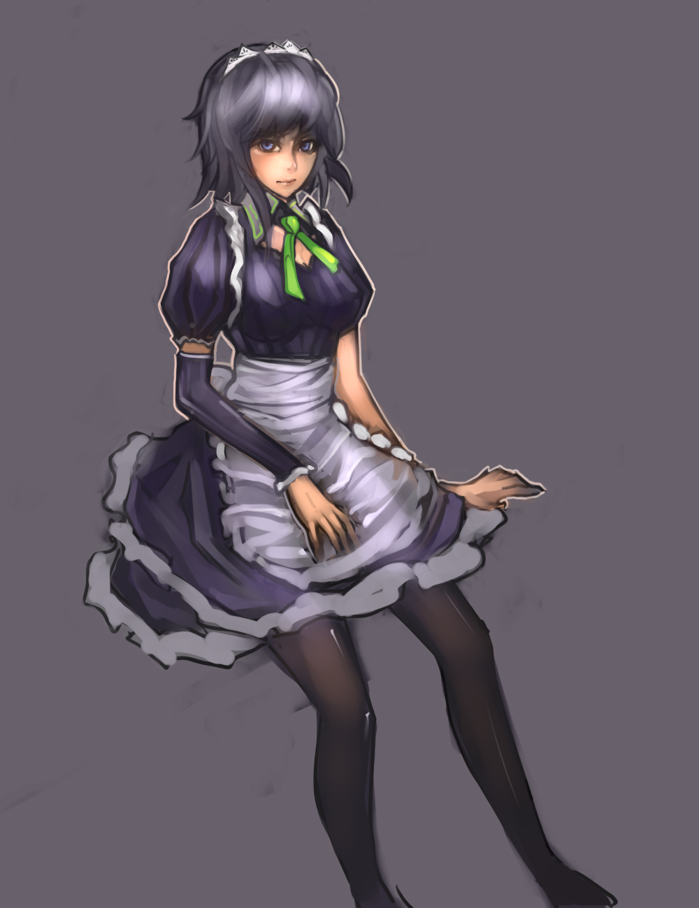 apron asymmetrical_clothes bad_id bad_pixiv_id detached_sleeves dress highres izayoi_sakuya looking_at_viewer maid maid_headdress pantyhose puffy_sleeves purple_eyes shevan short_dress short_sleeves silver_hair simple_background sitting solo touhou