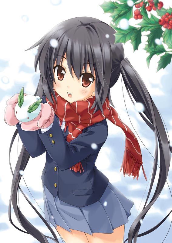 black_hair foreshortening holly k-on! long_hair mittens nakano_azusa open_mouth red_eyes scarf school_uniform snow snow_bunny solo striped striped_scarf twintails umino_tomo