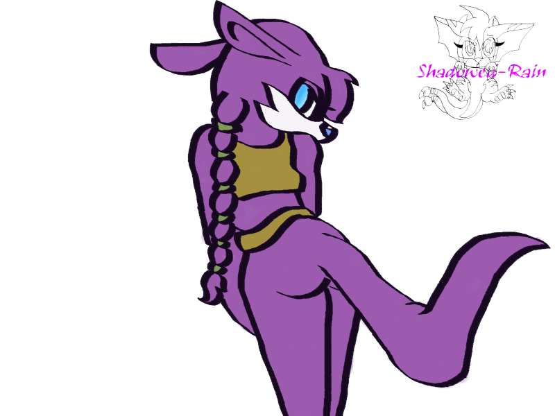 back_turned blue_eyes brown_clothing butt female looking_back mammal mustelid nic_the_weasel plain_background ponytail pose presenting purple purple_body seductive sega shadowed_rain solo sonic_(series) tail weasel white_background