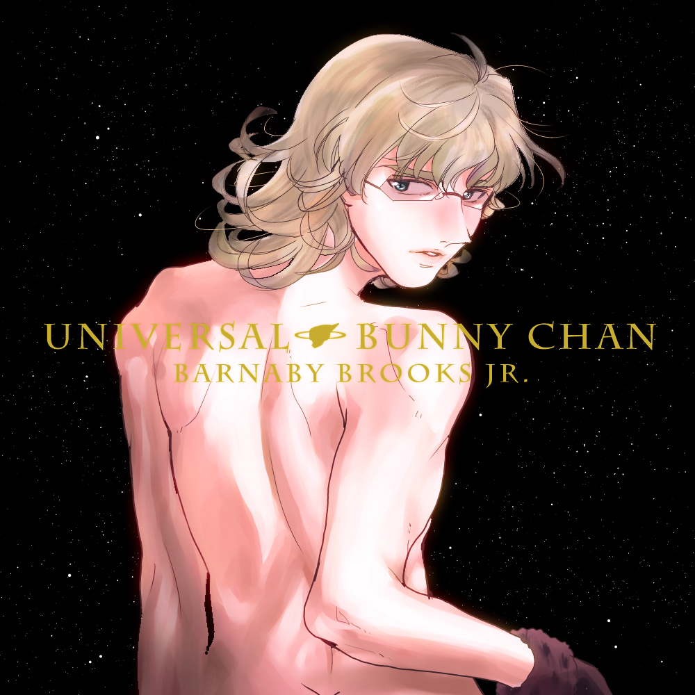 barnaby_brooks_jr blonde_hair derivative_work from_behind glasses gloves green_eyes looking_back macross macross_frontier male_focus nude parody sheryl_nome solo space takeo_(honeybunny) tiger_&amp;_bunny universal_bunny