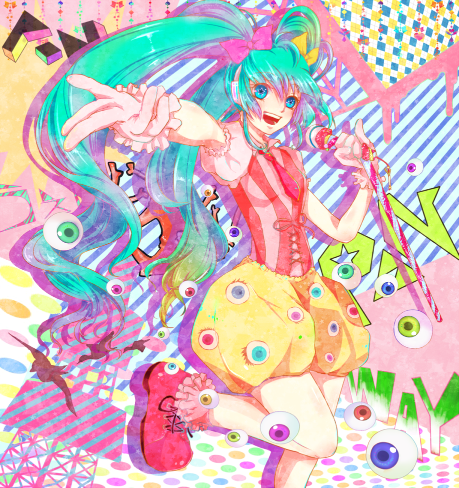 aqua_eyes aqua_hair bad_id bad_pixiv_id cosplay eyeball gloves hatsune_miku kyary_pamyu_pamyu kyary_pamyu_pamyu_(cosplay) long_hair microphone necktie open_mouth outstretched_arm pinky_out ponponpon solo twintails very_long_hair vocaloid