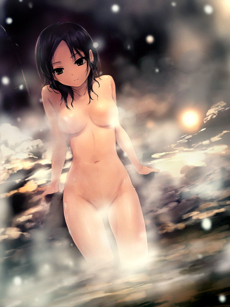 aoyama_sumika arm_support bad_id black_eyes black_hair breasts censored coffee-kizoku convenient_censoring earrings jewelry leaning_back looking_away medium_breasts navel nude onsen original outdoors solo steam steam_censor wading water wet