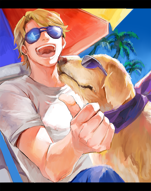 bad_id bad_pixiv_id beach blonde_hair day denim dog happy jeans john_(tiger_&amp;_bunny) keith_goodman letterboxed male_focus megane_(artist) outdoors palm_tree pants shirt solo summer sunglasses t-shirt thumbs_up tiger_&amp;_bunny tree umbrella