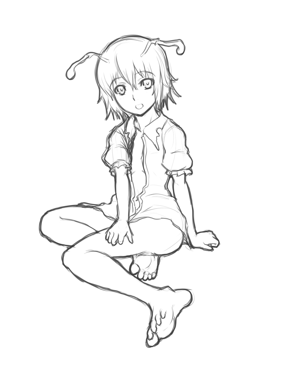 antennae barefoot bottomless feet greyscale highres kuro_suto_sukii legs monochrome naked_shirt navel open_clothes open_mouth open_shirt shirt short_hair sitting sketch soles solo toes touhou wriggle_nightbug