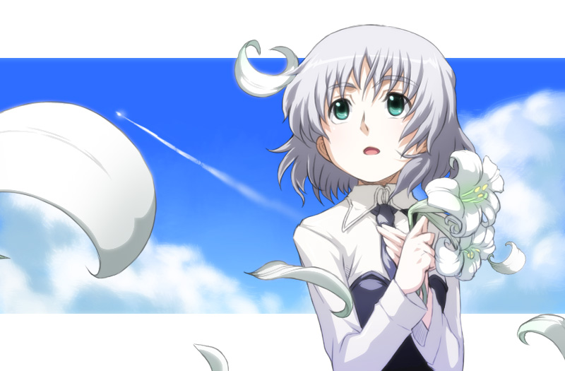 cloud day flower green_eyes lily_(flower) military military_uniform necktie open_mouth petals sanya_v_litvyak short_hair silver_hair sky solo strike_witches tabigarasu uniform world_witches_series