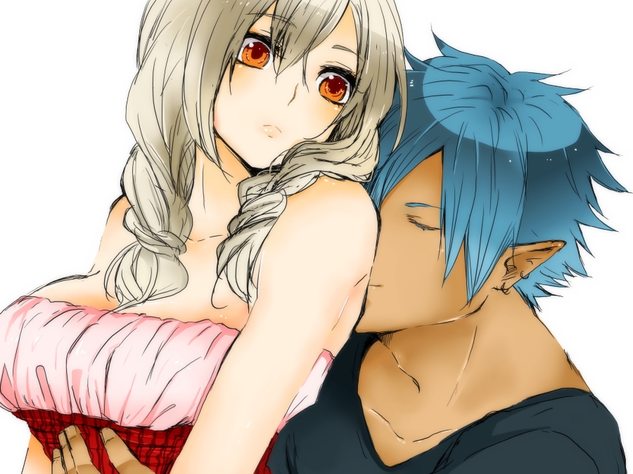 1girl bad_id bad_pixiv_id bare_shoulders blonde_hair blue_hair braid copyright_request couple cuddling hetero hoshi_masa looking_back orange_eyes pointy_ears touching twin_braids