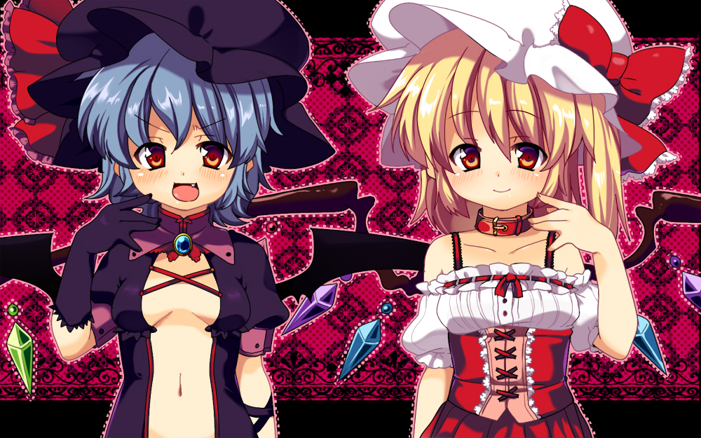 :d alternate_costume bad_id bad_pixiv_id bat_wings blonde_hair blue_hair blush center_opening collar corset dress fang flandre_scarlet gloves hat hat_ribbon looking_at_viewer matatabi_maru midriff multiple_girls open_clothes open_dress open_mouth out-of-frame_censoring purple_dress red_dress red_eyes remilia_scarlet ribbon siblings side_ponytail sisters smile touhou v-shaped_eyebrows wings