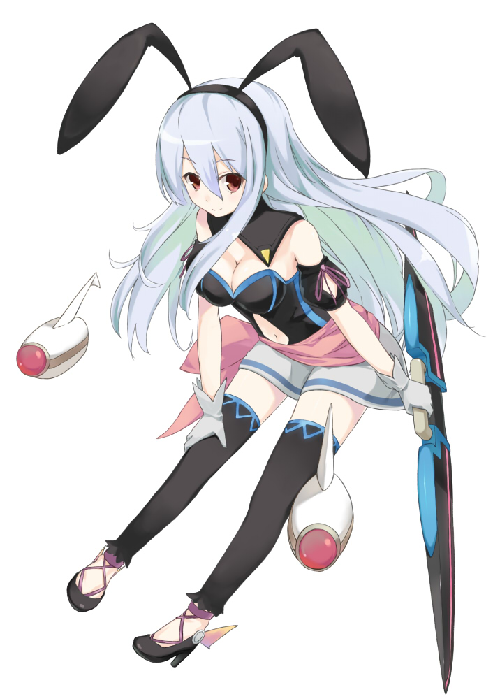 animal_ears breasts bunny_ears cccpo cleavage fake_animal_ears full_body gloves hairband high_heels long_hair looking_at_viewer medium_breasts navel navel_cutout original red_eyes shoes silver_hair simple_background smile solo weapon