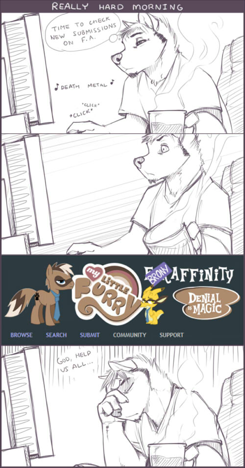 brony canine coffee comic denial drink english_text equine exasperation fender friendship_is_magic furaffinity hair hasbro horse humor male mammal morning my_little_pony pony rednef text the_truth wolfy-nail wolfy-nail_(character)