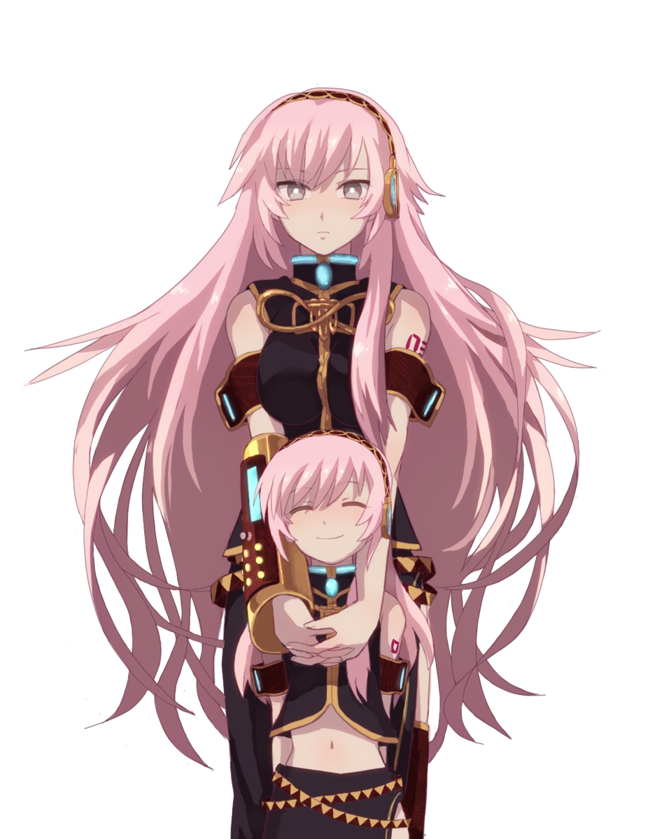 bad_id bad_pixiv_id chiry_(tiger) headphones highres long_hair megurine_luka midriff navel older pink_hair simple_background smile time_paradox very_long_hair vocaloid younger