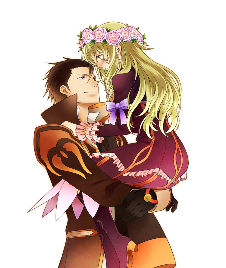 1girl alvin_(tales) bad_id bad_pixiv_id blonde_hair blush boots brown_eyes brown_hair carrying coat elize_lutus eye_contact face-to-face flower gloves hair_flower hair_ornament height_difference kazu_sanbon long_hair looking_at_another older purple_footwear ribbon rose short_hair simple_background tales_of_(series) tales_of_xillia white_background