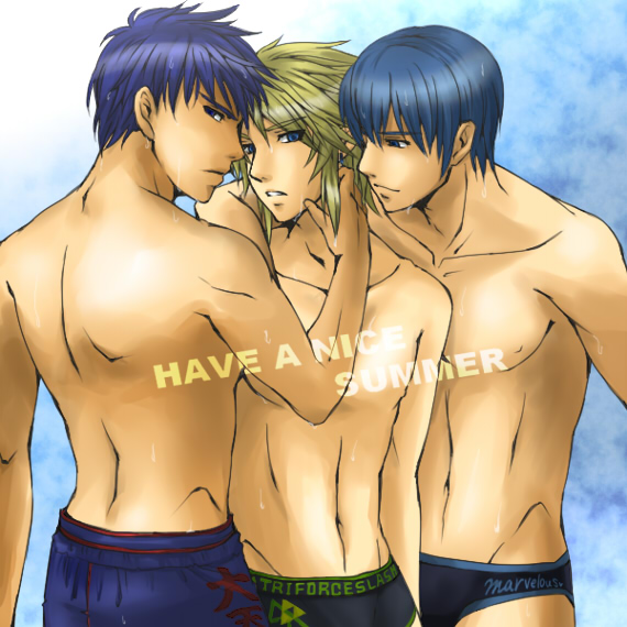 abs alternate_costume arm_around_neck bare_back bare_shoulders blonde_hair blue_eyes blue_hair chest earrings fire_emblem hand_on_another's_cheek hand_on_another's_face hips ike jewelry link male_focus male_swimwear marth multiple_boys navel open_mouth pointy_ears shorts smile summer super_smash_bros. swim_briefs swim_trunks swimwear teru_suzu the_legend_of_zelda wet yaoi