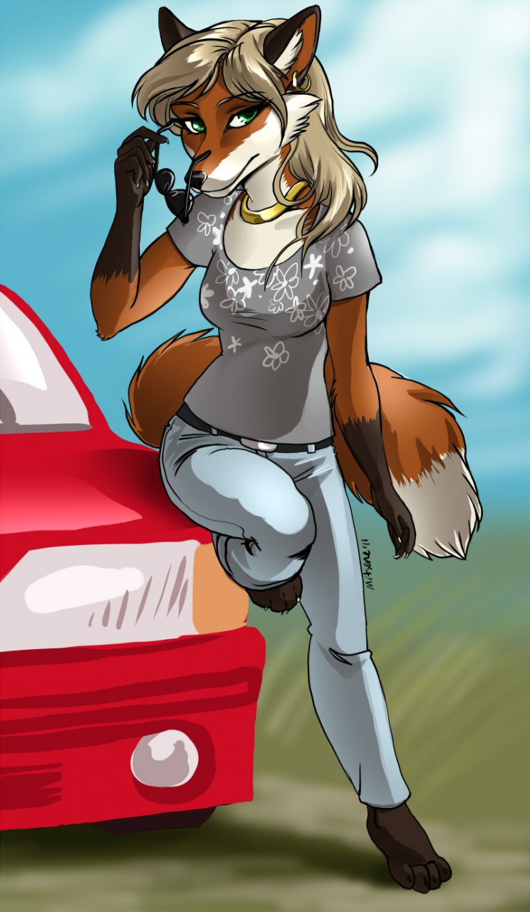 belt canine car clothed clothing ear_piercing earring eyewear female fox jewelry leaning looking_at_viewer mammal mitsene pants piercing pinup pose shirt solo standing sunglasses veronica