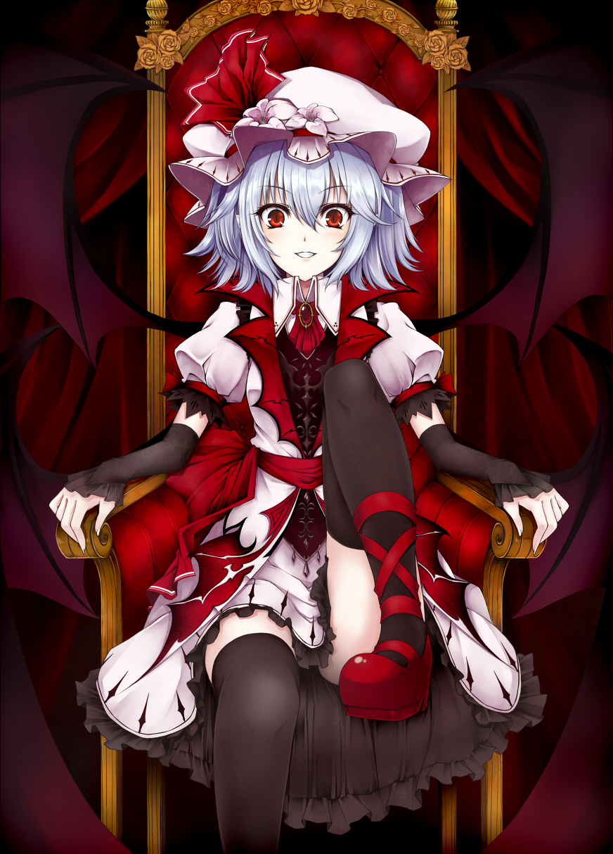 alternate_costume armchair bangs bat_wings black_legwear blue_hair blush brooch chair cross-laced_footwear curtains dress eyebrows_visible_through_hair fingerless_gloves fingernails flower frilled_dress frilled_gloves frills gloves hair_between_eyes hat hat_flower hat_ribbon high_collar highres jewelry koumajou_densetsu lace lavender_hair leg_up looking_at_viewer mary_janes mob_cap multiple_wings puffy_short_sleeves puffy_sleeves red_eyes red_footwear red_ribbon remilia_scarlet ribbon rose sash shiny shiny_hair shoes short_hair short_sleeves silver_hair sitting smile solo teeth thighhighs throne touhou utakata_(kochou_no_yume) wings