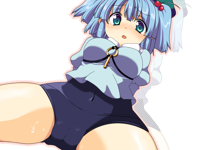 aqua_eyes arms_behind_back bad_id bad_pixiv_id blue_hair blush breasts cameltoe from_below hair_bobbles hair_ornament hat kawashiro_nitori looking_at_viewer looking_down matatabi_maru medium_breasts open_mouth school_swimsuit shirt sitting solo spread_legs swimsuit swimsuit_under_clothes touhou two_side_up wet