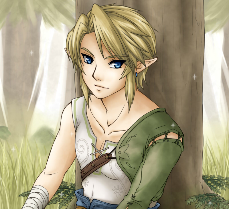 bandages blonde_hair blue_eyes earrings forest grass jewelry link male_focus nature plant pointy_ears sitting smile solo sparkle teru_suzu the_legend_of_zelda the_legend_of_zelda:_twilight_princess tree