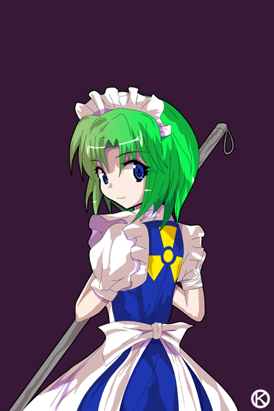 alphes_(style) blue_eyes from_behind green_hair kaoru_(gensou_yuugen-an) looking_at_viewer maid maid_headdress parody radiation_symbol ruukoto short_hair simple_background solo style_parody touhou touhou_(pc-98)
