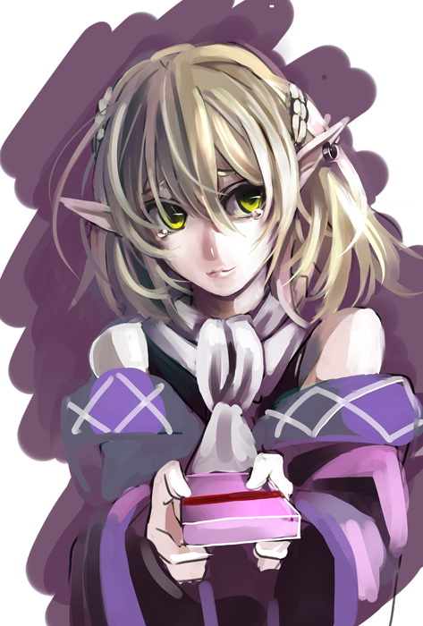 blonde_hair detached_sleeves fullerene gift green_eyes holding holding_gift jewelry mizuhashi_parsee pointy_ears short_hair single_earring touhou upper_body