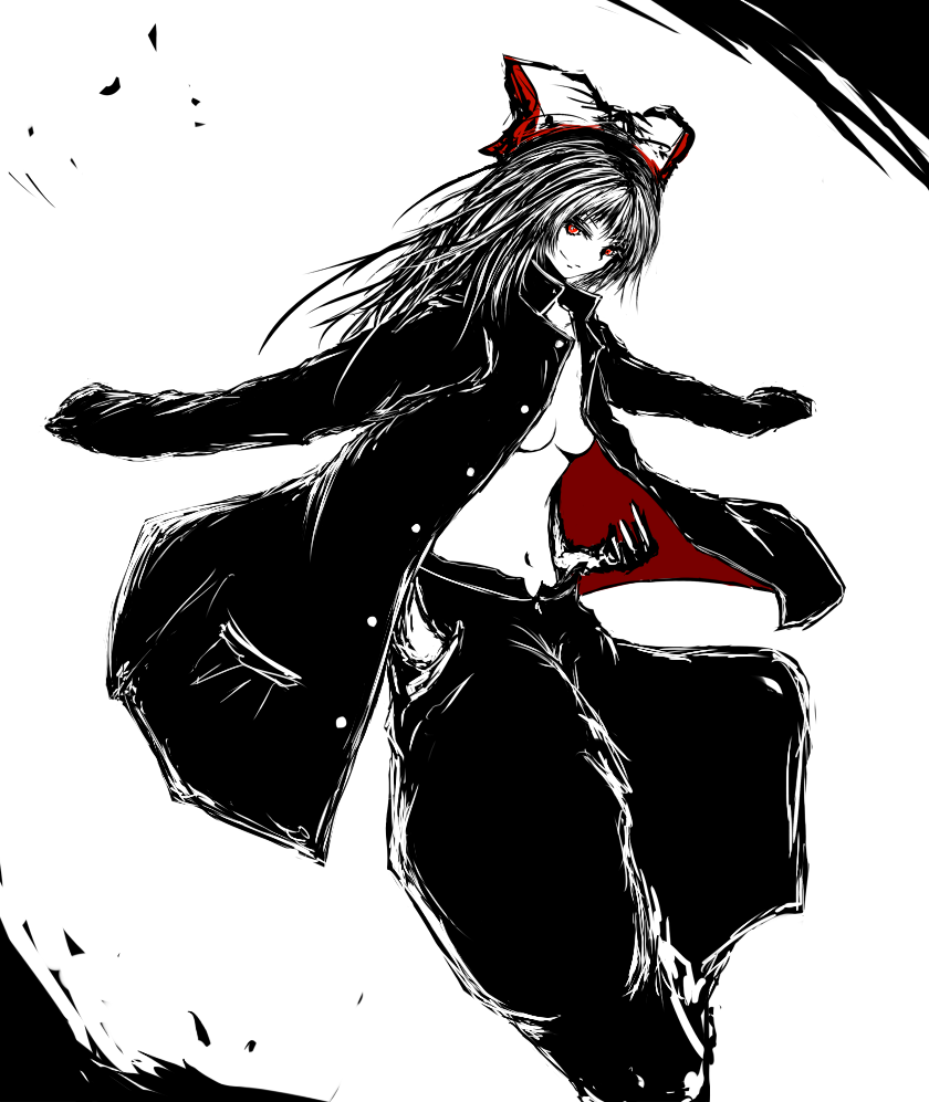 alternate_costume bad_id bad_pixiv_id bow coat fujiwara_no_mokou gakuran hair_bow hand_in_pocket high_contrast jacket_on_shoulders long_hair monochrome morise navel no_bra pants red_eyes school_uniform smile solo spot_color topless touhou