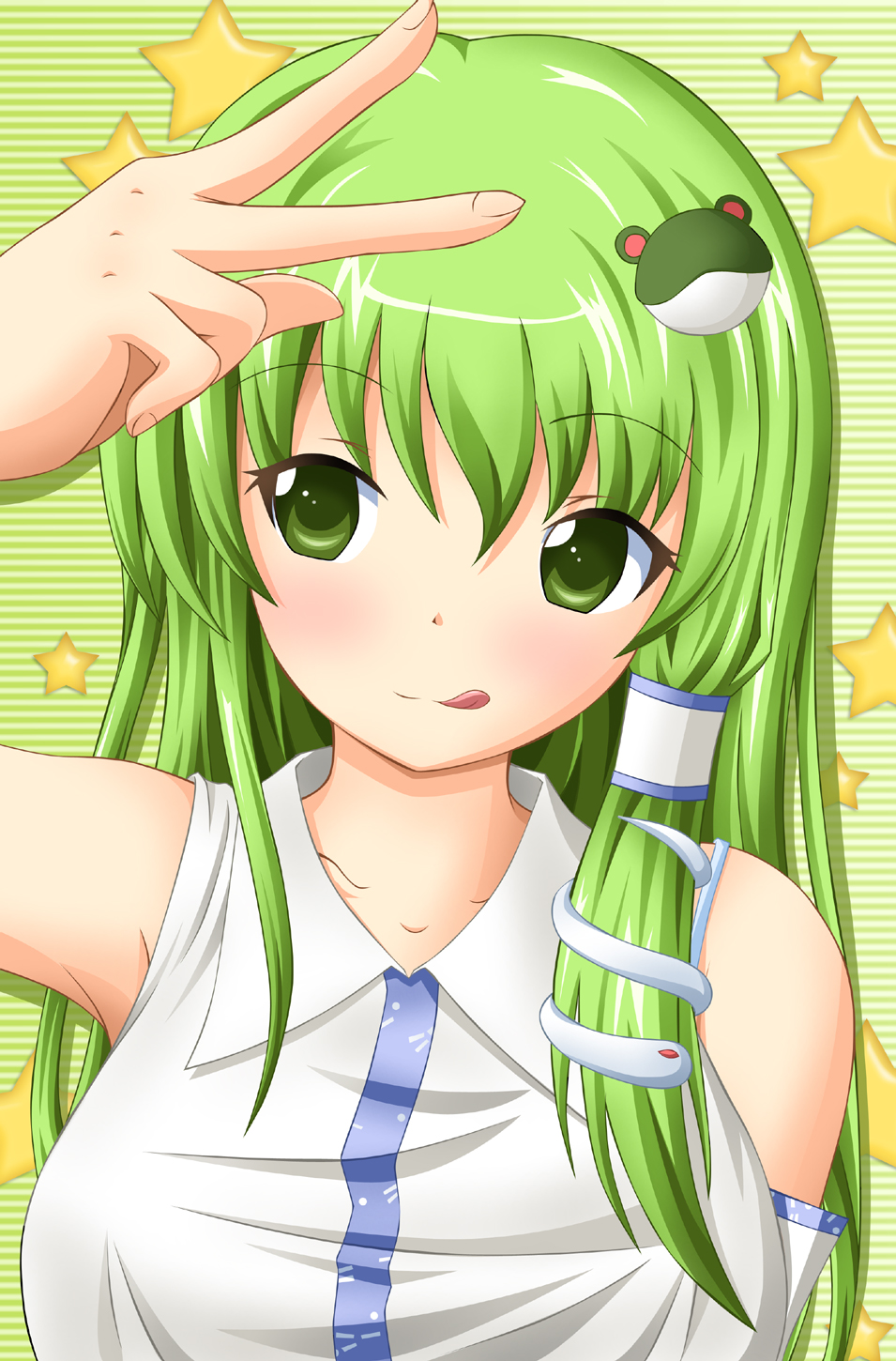 :q blush face frog green_eyes green_hair hair_ornament hair_tubes highres kochiya_sanae long_hair neats snake solo striped striped_background tongue tongue_out touhou upper_body v