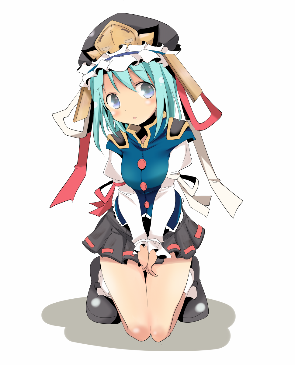 :o blue_eyes blue_hair full_body hands_together hat highres kneeling long_sleeves looking_at_viewer mary_janes mukuroi own_hands_together shiki_eiki shoes short_hair simple_background skirt solo touhou v_arms