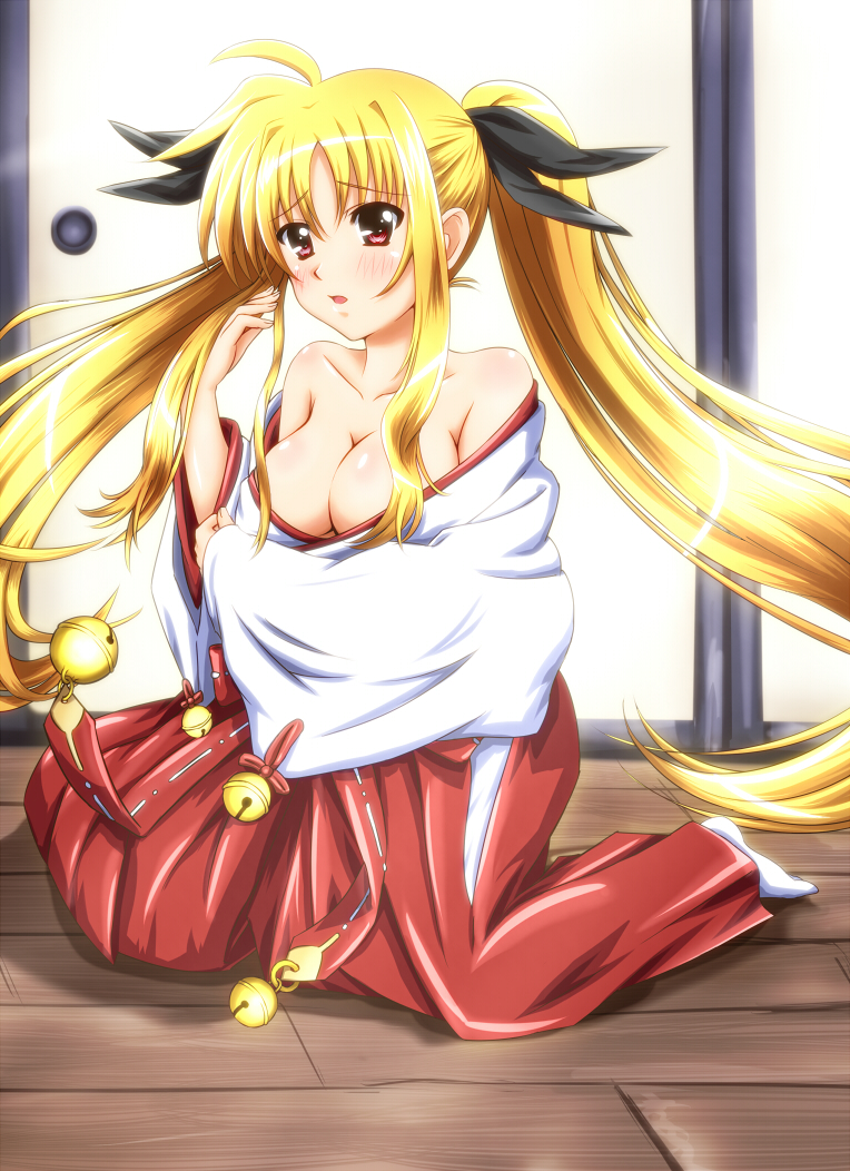 bare_shoulders bell blonde_hair blood-c blush breasts cleavage cosplay diesel-turbo fate_testarossa hair_ribbon japanese_clothes jingle_bell kneeling long_hair lyrical_nanoha mahou_shoujo_lyrical_nanoha medium_breasts miko mizuki_nana off_shoulder open_mouth red_eyes ribbon seiyuu_connection skirt solo sword twintails very_long_hair weapon