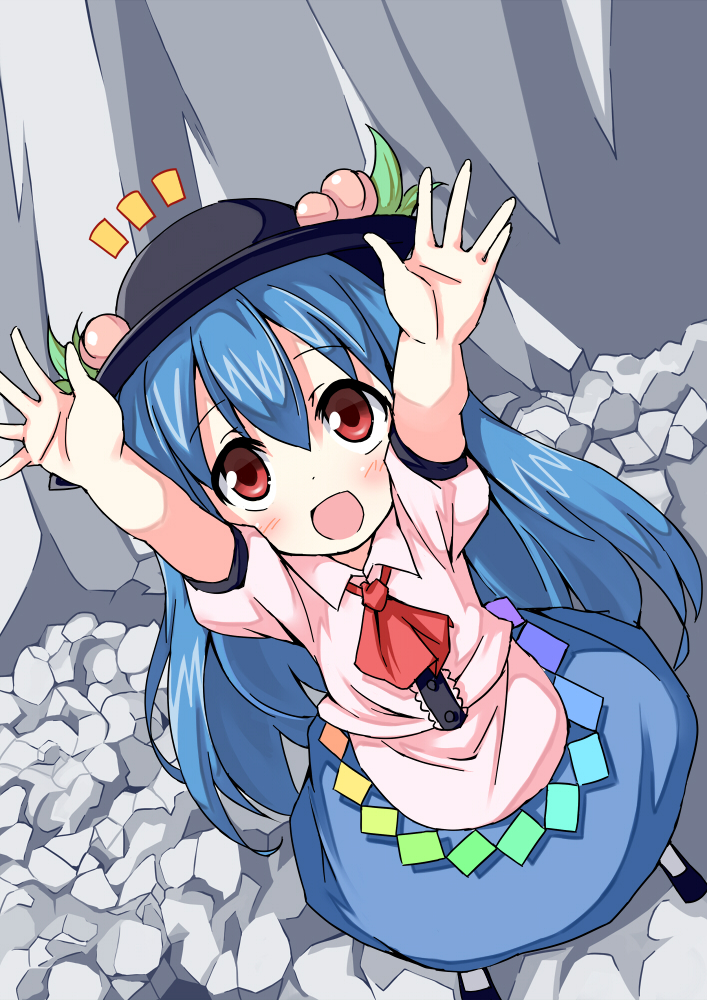 blue_hair darkside hat hinanawi_tenshi long_hair outstretched_arms red_eyes solo touhou