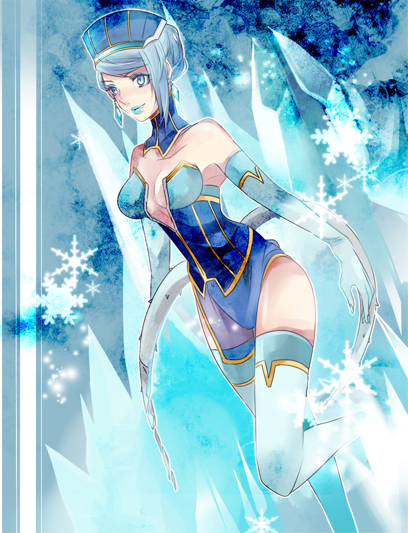 bad_id bad_pixiv_id bare_shoulders blue_eyes blue_hair blue_leotard blue_rose_(tiger_&amp;_bunny) boots breasts cleavage crystal_earrings detached_collar earrings elbow_gloves gloves hoe_satsuki ice jewelry karina_lyle large_breasts leotard lipstick makeup snowflakes solo thigh_boots thighhighs tiger_&amp;_bunny