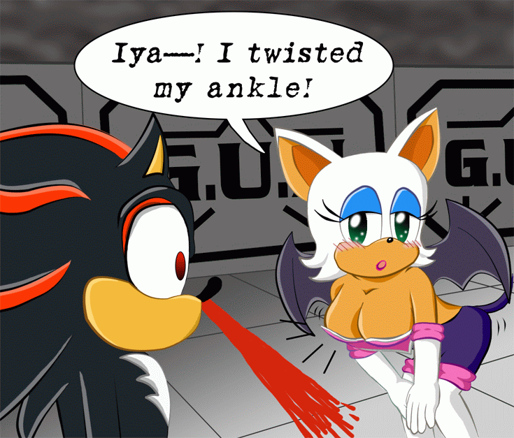 black black_fur blood blush boots breasts bubba_trex chest_tuft cleavage clothed clothing female fur gloves green_eyes hair half-closed_eyes hedgehog male mammal nosebleed red_eyes rouge_the_bat sega shadow_the_hedgehog shocked sonic_(series) tail tuft white white_clothing white_hair wings