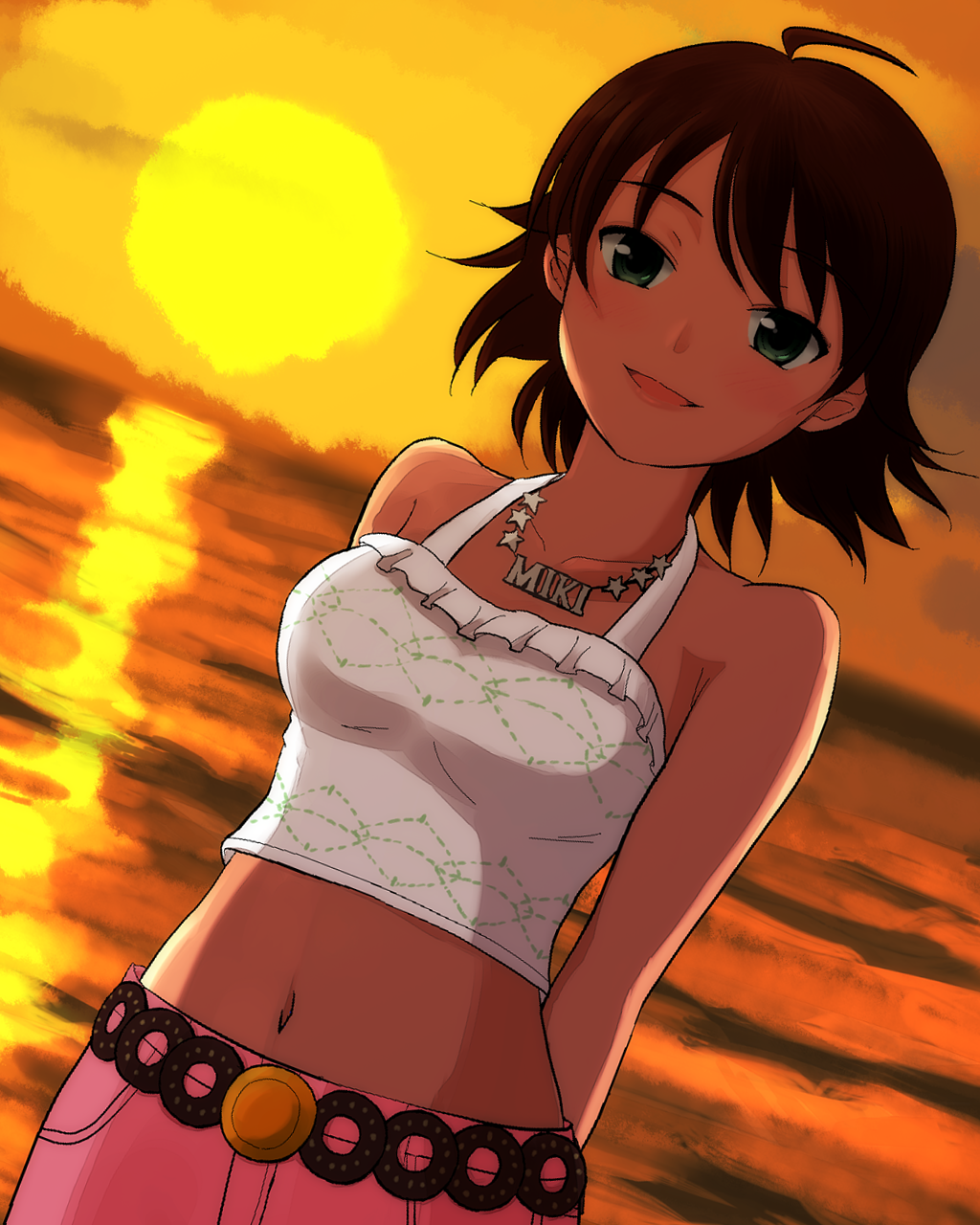 ahoge arms_behind_back awakened_miki bare_shoulders brown_hair collarbone dutch_angle green_eyes highres hoshii_miki idolmaster idolmaster_(classic) idolmaster_2 jewelry md5_mismatch midriff minato_kazumi navel necklace open_mouth short_hair smile solo sunset tank_top