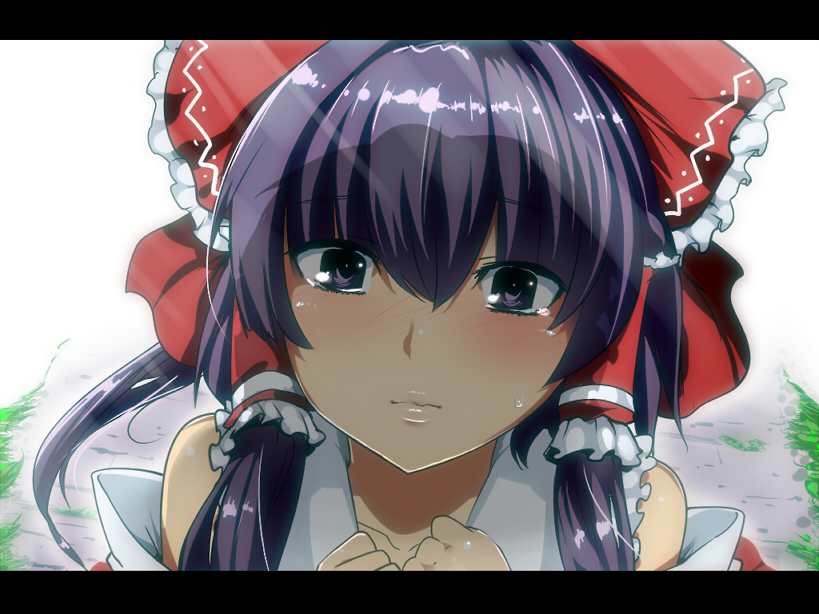 ascot blush bow detached_sleeves hair_bow hair_ribbon hair_tubes hakurei_reimu hands_on_own_chest hyudora incoming_kiss letterboxed lips looking_at_viewer nervous ponytail purple_eyes purple_hair ribbon short_hair solo sweatdrop tears touhou