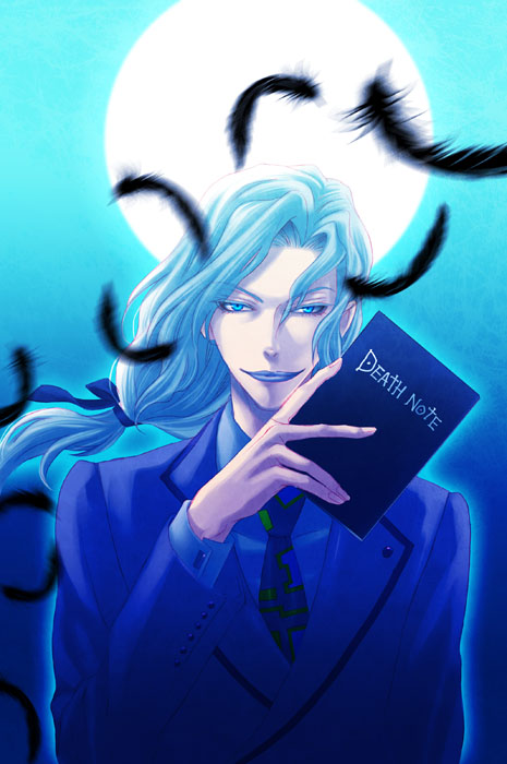 bad_id bad_pixiv_id blue_eyes bow crossover death_note death_note_(object) feathers formal full_moon grey_hair hair_bow ikon lips long_hair male_focus moon necktie pale_skin solo suit tiger_&amp;_bunny yuri_petrov