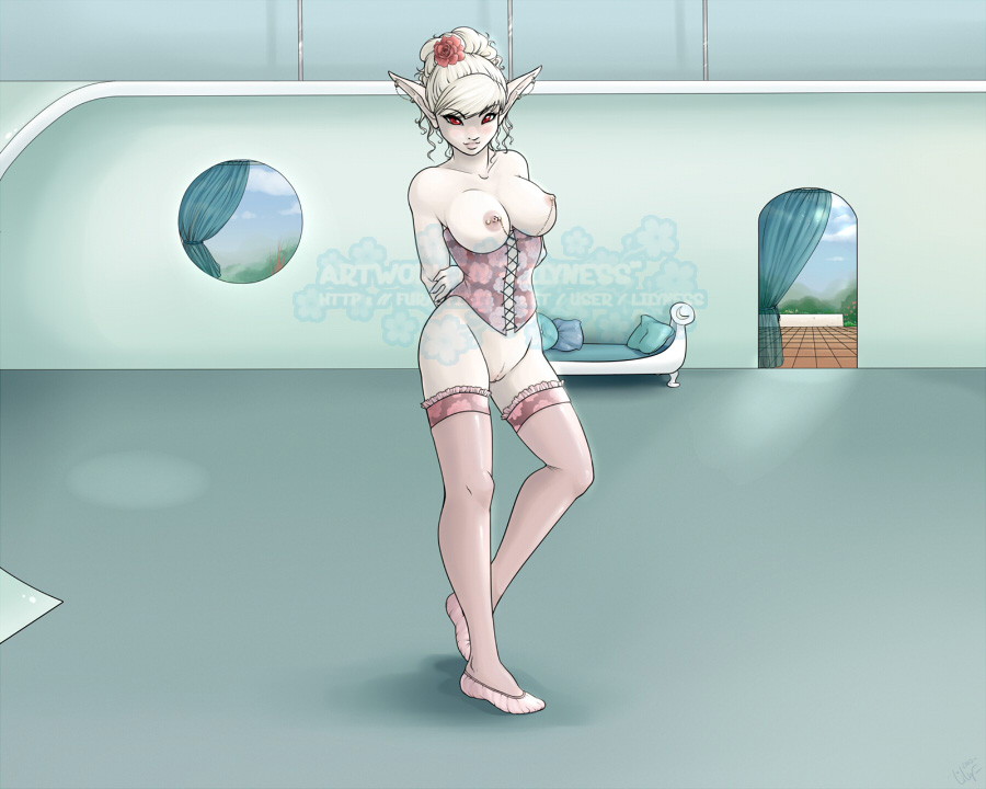 clothed clothing cloud corset curtains door elf female flower hair inside lilyness looking_at_viewer nipple_piercing nipples not_furry piercing pillow pussy red_eyes rose seductive skimpy solo standing watermark white_hair window