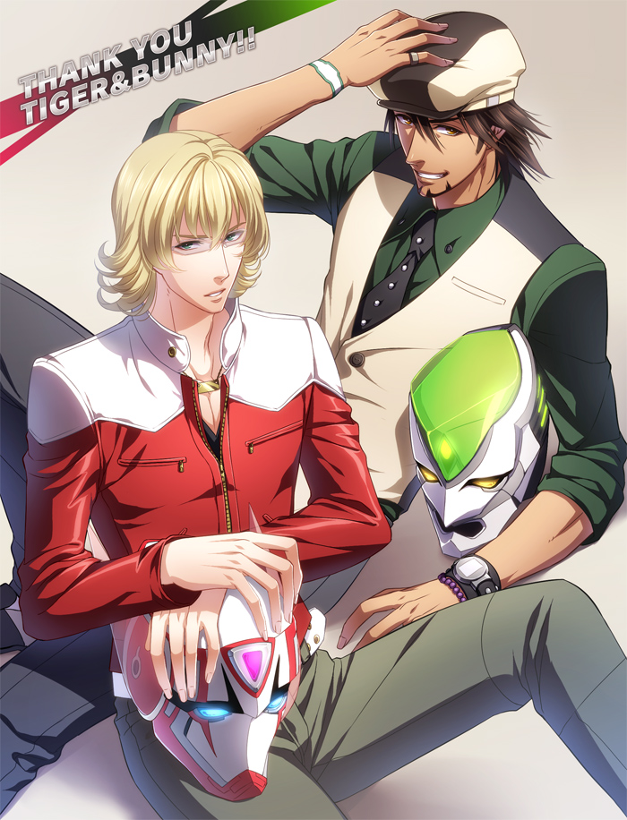 bad_id bad_pixiv_id barnaby_brooks_jr blonde_hair bracelet brown_eyes brown_hair cabbie_hat facial_hair glasses green_eyes hand_on_headwear hat helmet jacket jewelry kaburagi_t_kotetsu kuren male_focus multiple_boys necklace necktie red_jacket stubble tiger_&amp;_bunny vest waistcoat watch wild_tiger wristwatch