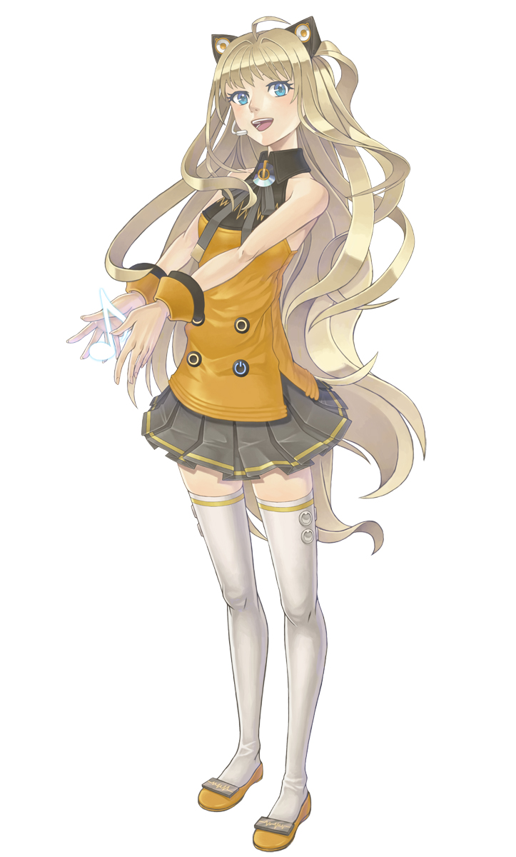 animal_ears blonde_hair blue_eyes bracelet full_body highres jewelry kail long_hair musical_note open_mouth seeu shoes simple_background skirt smile solo thighhighs very_long_hair vocaloid wrist_cuffs zettai_ryouiki