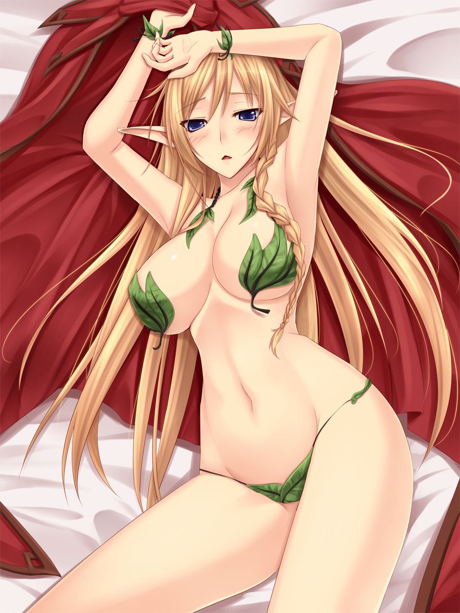 alleyne_(queen's_blade) armpits arms_up blonde_hair blue_eyes blush braid breasts elf highres large_breasts leaf_bikini long_hair looking_at_viewer lying navel on_back open_mouth pointy_ears queen's_blade shuugetsu_karasu solo