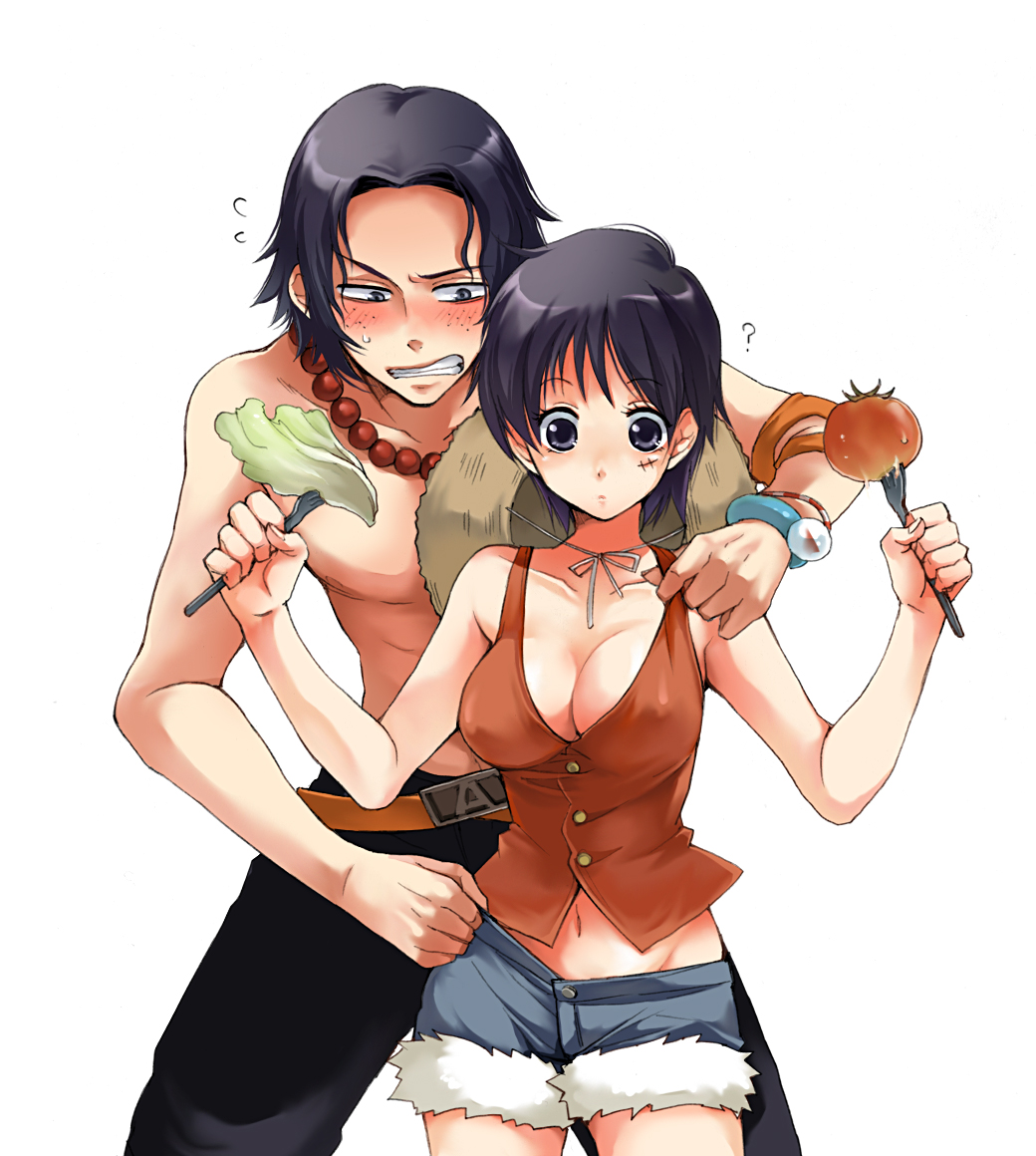 1girl ? artist_request black_eyes black_hair blush bracelet breasts brother_and_sister brothers cleavage collarbone cutoff_jeans cutoffs denim denim_shorts fork genderswap genderswap_(mtf) groin hat hat_removed headwear_removed jewelry large_breasts lettuce luffyko navel necklace one_piece portgas_d_ace scar shirtless short_hair shorts siblings tomato unaligned_breasts
