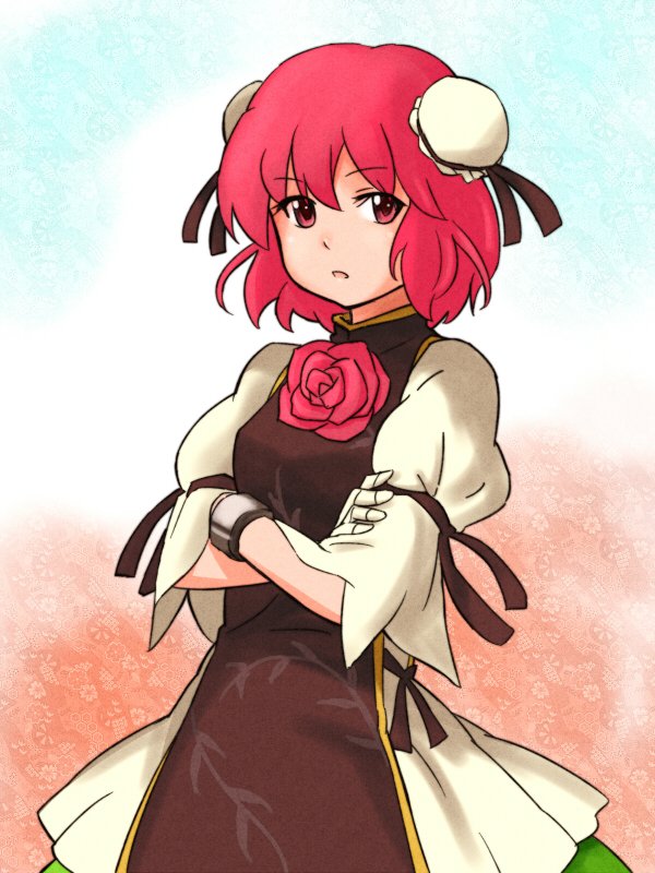 :o bad_id bad_pixiv_id bandages bun_cover chinese_clothes crossed_arms cuffs double_bun flower ibaraki_kasen looking_at_viewer open_mouth pink_flower pink_hair pink_rose portrait red_eyes red_hair rose shibasaki_shouji short_hair solo touhou upper_body